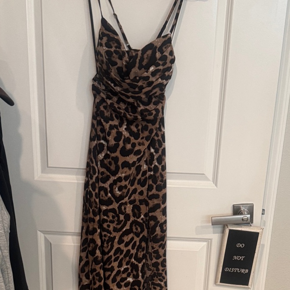 New Leopard Print Midi With Spaghetti Strap Dress